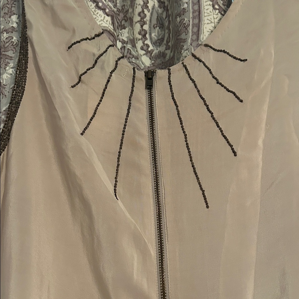 Kimchi Blue 100% Silk Tan Mini Dress with Brown Beaded Geometric Design - Picture 5 of 5